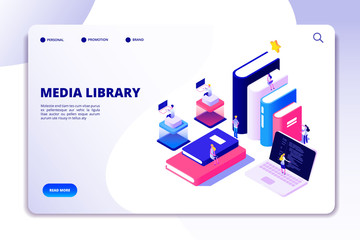 Online library landing page. Students in bibliotheque, academic books. Ebook reading technology education vector isometric concept. Media education library isometric illustration