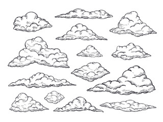 Sketch clouds. Hand drawn sky cloudscape. Outline sketching cloud vintage vector collection. Illustration of cloud shape of collection