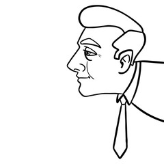 Hand-drawn business man with tie looking on something from the side of the picture. cartoon character in cartoon style. black white vector graphic.