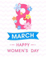 Women`s Day typography with different flowers and ribbon.Seasons greetings card perfect for prints,flyers,posters,holiday invitations and more.Vector 8 march card.