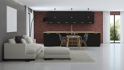 Modern house interior. Interior design in the style of Loft. 3D rendering.