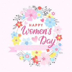 Women`s Day typography - hand painted lettering with different flowers and floral elements.Seasons greetings card perfect for prints,flyers,posters,holiday invitations and more.Vector 8 march card.