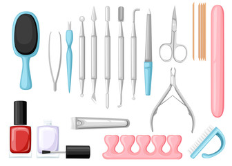 Manicure tools vector set. Colorful icon collection. Tools for beauty salon or for cosmetics bag, Flat vector illustration isolated on white background