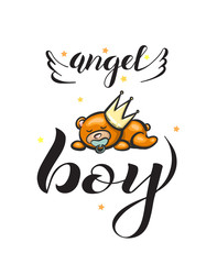 Angel Boy With Bear On White Background