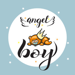 Angel Boy Lettering With Baby Bear Illustration.