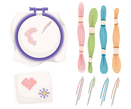Embroidery hoop for cross-stitch sewing. Purple plastic hoop, stainless steel needle with colored threads. Handkerchief with heart and sun icon. Flat vector illustration isolated on white background