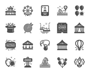 Amusement park icons. Set of Carousel, Roller coaster and Circus icons. Air balloon, Crane claw machine and Fastpass symbols. Circus amusement park tickets. Ferris wheel carousel. Vector