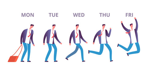 Man friday concept. Funny businessman feeling happy going through week days to weekend. Happy friday vector concept. Friday jump day, happy man illutration