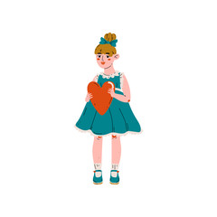Lovely Girl in Blue Dress Holding Red Heart, Happy Valentine Day Vector Illustration