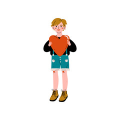 Boy Holding Red Heart, Happy Valentine Day Vector Illustration