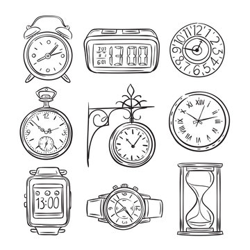 Sketch clock. Doodle watch, alarm and timer, sand clock hourglass. Hand drawn time vector vintage isolated icons. Illustration of clock and timer, alarm and hourglass