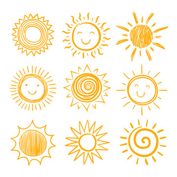 Sketch sun icons. Hand drawn sunshine. Summer morning sunrise. Doodle vector warming symbols isolated. Illustration of sunny sunshine sketch
