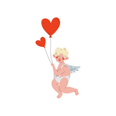 Cute Funny Cupid with Heart Shaped Balloons, Amur Baby Angel, Happy Valentine Day Symbol Vector Illustration