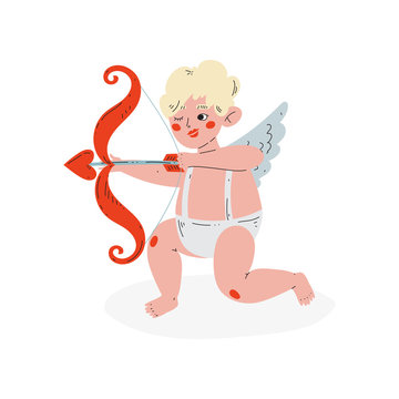 Cute Funny Cupid Aiming at Someone with Arrow of Love, Amur Baby Angel, Happy Valentine Day Symbol Vector Illustration