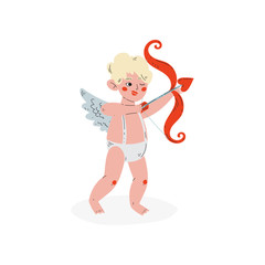 Cute Funny Cupid Aiming with Bow and Arrow of Love, Amur Baby Angel, Happy Valentine Day Symbol Vector Illustration