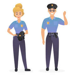 Two smiling cute police officers, man and woman isolated vector illustration.