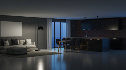Modern house interior. Night. Evening lighting. 3D rendering.