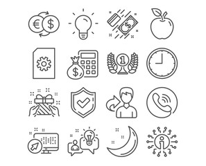 Set of Time, Gift and Payment icons. Laureate award, Light bulb and File management signs. Idea, Money exchange and Finance calculator symbols. Office clock, Present, Money. Vector