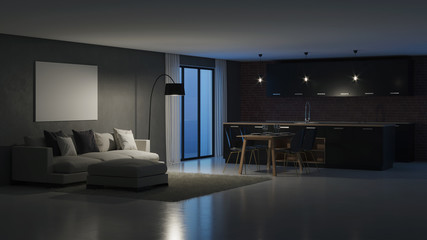 Modern house interior. Night. Evening lighting. 3D rendering.