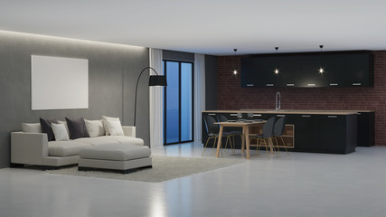 Modern house interior. Night. Evening lighting. 3D rendering.