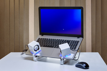 Speakers are connected to running laptop with USB cable.