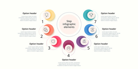 Business process chart infographics with 7 step circles. Circular corporate workflow graphic elements. Company flowchart presentation slide template. Vector info graphic design.
