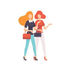 Two Beautiful Women Friends Walking or Shopping Together, Female Friendship Vector Illustration