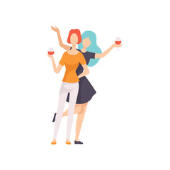 Two Beautiful Women Friends Drinking Wine, Girls Celebration Together, Female Friendship Vector Illustration