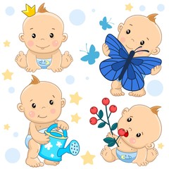 Icon set of boys kids for children and design, girl princess, catch a butterfly, water from a watering can, hold a branch with berries and eat them.