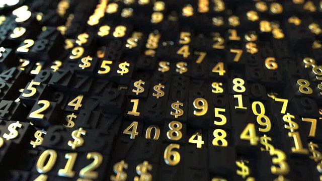 Gold US Dollar USD symbols and numbers on black plates, loopable 3D animation