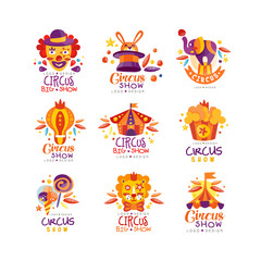 Circus show logo design set, carnival, festive, circus show labels, badges, hand drawn design elements an be used for flyear, poster, banner, invitation vector Illustration