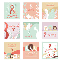 Collection of 8 March Greeting Cards, Party Invitation, Festive Banner, Spring or Summer Design Vector Illustration