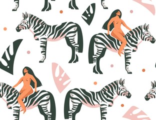 Fototapeta na wymiar Hand drawn vector abstract cartoon modern graphic African Safari Nature concept collage illustrations art print with zebra animals in the wild and wild women character isolated on white background