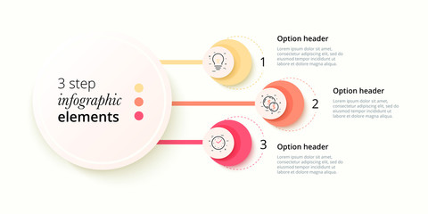 Business process chart infographics with 3 step circles. Circular corporate workflow graphic elements. Company flowchart presentation slide template. Vector info graphic design.