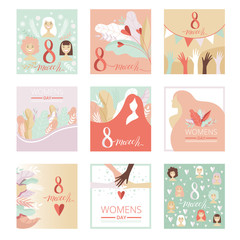 Collection of 8 March Womens Day Greeting Cards, Party Invitation, Festive Banner, Spring or Summer Design Vector Illustration