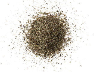 Pile of dried oregano leaves isolated on white background, top view