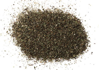 Pile of dried oregano leaves isolated on white background, top view