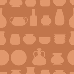 Seamless pattern. Set of clay crockery. Kitchenware dishes - plates, jugs, pots. Brown clay. Flat vector illustration on brown background