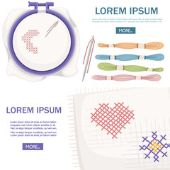 Embroidery hoop for cross-stitch sewing. Purple plastic hoop, stainless steel needle with colored threads. Handkerchief with heart and sun icon. Flat vector illustration isolated on white background © Alfmaler