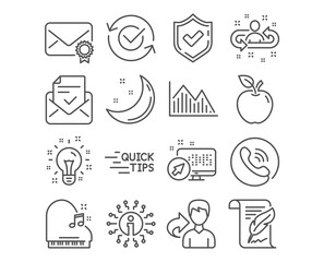 Set of Piano, Idea and Education icons. Approved, Approved mail and Recruitment signs. Verified mail, Investment graph and Feather symbols. Fortepiano, Creativity, Quick tips. Vector
