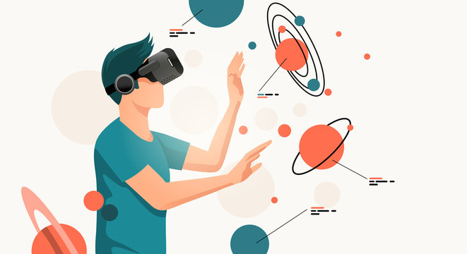 A young man moving objects around using a virtual reality VR headset. People vector illustration.