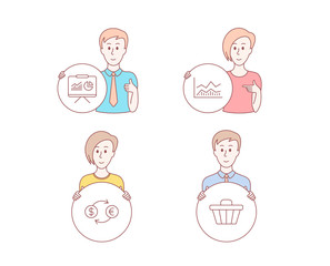 People hand drawn style. Set of Trade infochart, Currency exchange and Presentation icons. Shop cart sign. Business analysis, Banking finance, Board with charts. Web buying. Vector