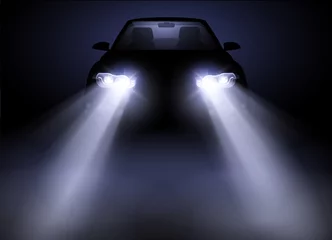 Fotobehang Bright and modern auto generic car headlights shining through fog at night. Vector illustration. © James Thew