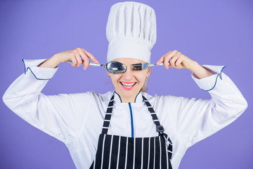 Woman professional chef hold utensil spoon fork having fun. Time to eat. Appetite and taste. Traditional culinary. Professional cook of culinary school. Culinary arts academy. Culinary school concept