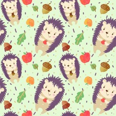 Seamless pattern with hedgehogs on light green background