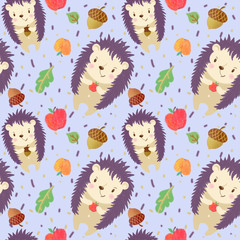 Seamless pattern with hedgehogs on lilac background