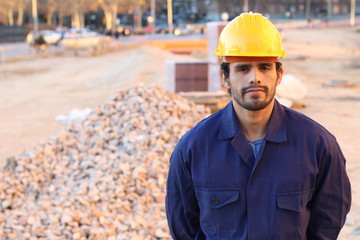 Serious construction worker with copy space