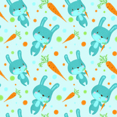 Seamless pattern with rabbits on light blues background