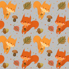 Seamless pattern with squirrels  on grey background