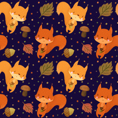 Seamless pattern with squirrels  on navy background